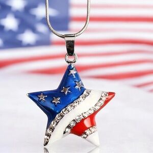 American Flag Star Pendant Necklace with Crystal Rhinestone - Silver Tone